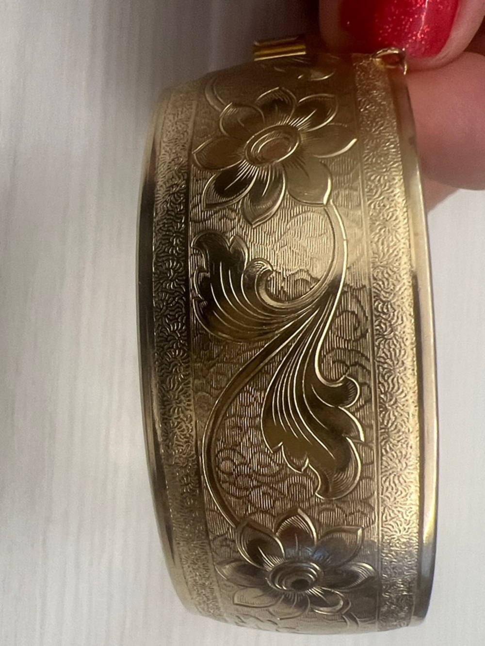 Gold-Tone Floral Engraved Hinged Bangle Bracelet